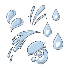 A set of colored icons, waves and water drops in cartoon style, various splashes, vector