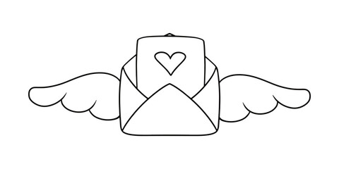 Monochrome image, Romantic envelope with wings and a heart for a declaration of love, vector cartoon