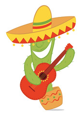 Mexican Cactus in sombrero singing and playing guitar
