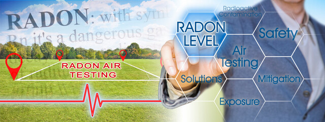 The danger of radon gas in our homes - concept image with check-up chart about radon level testing...