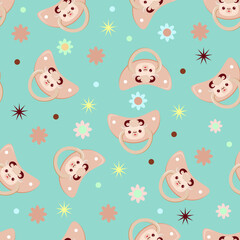 Seamless children's pattern on a green background. A dummy with a lamb. Pacifier for children