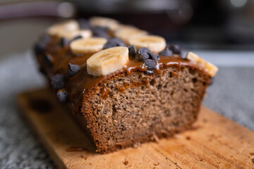 Banana bread with chocolate chips on a table