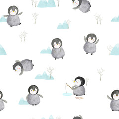 Watercolor seamless pattern with cute baby emperor penguins. Watercolor hand-drawn seamless pattern with an arctic pole. Birds' cute nursery design background on white isolated. 