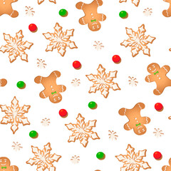 Fototapeta na wymiar Seamless pattern with ginger cookies on a white background. Gingerbread man, snowflake