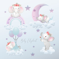 Set of cute  baby elephants with clouds_moon_star_balloon and rainbow