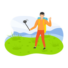 young man trekker taking selfie with camera Concept, Travel blogger at peak vector icon design, Outdoor weekend Activity symbol, Tourist Holiday Scene Sign, Happy people at Vacation stock illustration