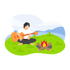 Obraz na płótnie Canvas Man character with guitar and fire at summer camp Concept, guitarist enjoying nature vector icon design, Outdoor weekend Activity symbol, Tourist Holidays Scene Sign, Happy people at Vacation stock
