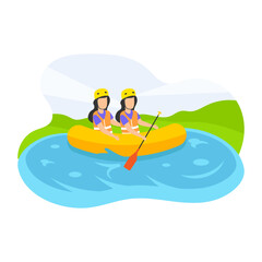 Friends Sitting in Boat and Holding Paddles Concept, Water Sports in Middle of the Lake vector icon design, Outdoor weekend Activity symbol, Tourist Holidays Scene Sign, Happy people at Vacation stock