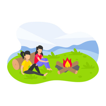 Tourists resting in campsite near campfire Concept,Friends together sitting near bonfire vector icon design, Outdoor weekend Activity symbol, Tourist Holiday Scene Sign, Happy people at Vacation stock
