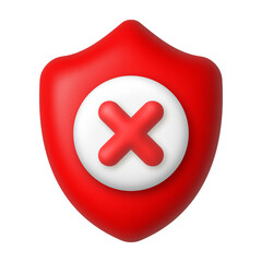 Obraz premium Red cross and shield 3d icon. Cancel and danger concept. 3d realistic vector design element.