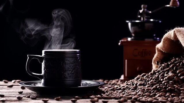 Coffee cup with natural steam and hot beverage. Coffee mug in close-up with realistic nature steam rising and vintage grinder on a black background, 4K. Concepts of Food and Drink