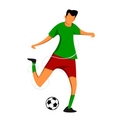 Obraz premium Cartoon male soccer player kicking a free ball. Vector illustration