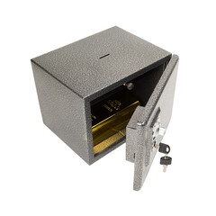 Opened safe with a 1 kilo bar of gold inside, PNG isolated on transparent background