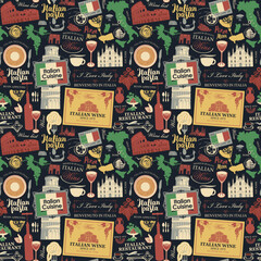 Retro style seamless pattern on the theme of Italy and Italian cuisine. Vector background with landmarks, wine labels, letterings, food and drink on a black. Wallpaper, wrapping paper or fabric design
