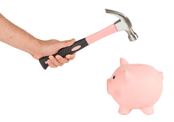 Man holding a hammer and breaking a piggy bank. Using savings concept, PNG isolated on transparent background © paketesama