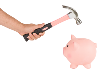 Man holding a hammer and breaking a piggy bank. Using savings concept, PNG isolated on transparent background