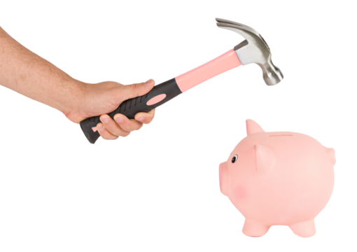 Man holding a hammer and breaking a piggy bank. Using savings concept, PNG isolated on transparent background - Powered by Adobe