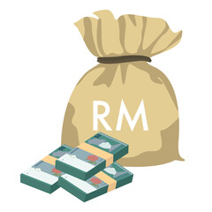 Malaysian Ringgit Vector Illustration. Malaysia money set bundle banknotes. Money bag 50 MYR. Flat style. Isolated on white background. Simple minimal design.