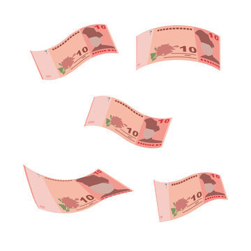 Malaysian Ringgit Vector Illustration. Malaysia money set bundle banknotes.  Falling, flying money 10 MYR. Flat style. Isolated on white background. Simple minimal design.
