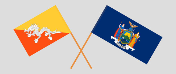 Crossed flags of Bhutan and The State of New York. Official colors. Correct proportion