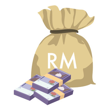 Malaysian Ringgit Vector Illustration. Malaysia money set bundle banknotes. Money bag 100 MYR. Flat style. Isolated on white background. Simple minimal design.