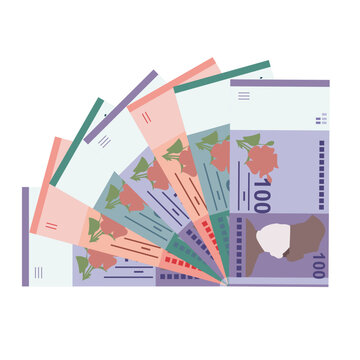 Malaysian Ringgit Vector Illustration. Malaysia money set bundle banknotes. Paper money 10, 50, 100 MYR. Flat style. Isolated on white background. Simple minimal design.