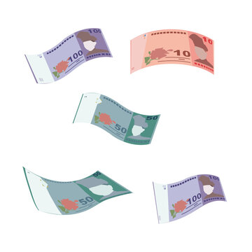 Malaysian Ringgit Vector Illustration. Malaysia money set bundle banknotes.  Falling, flying money 10, 50, 100 MYR. Flat style. Isolated on white background. Simple minimal design.