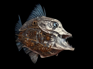 Mechanical steampunk fish. Fantastic sea monster. Digital illustration. Isolated on black background.