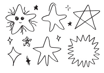 Hand drawn stars set. Star doodles collection on white background.