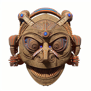 Traditional ancient Aztec Mask. Digital illustration. 3D rendering. Isolated on white.