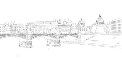 Rome city vector sketch. Vintage style with St Angelo Bridge on Tiber River view