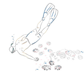 Man swimming underwater diving experience Vector sketch