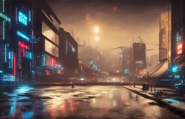 Cyberpunk 3D illustration of a winter futuristic cityscape. City of the future at bright multicolored neon night. Neon Haze. Night urban landscape.