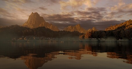 Picturesque landscape with lake surrounded by mountains and forests 3D illustration