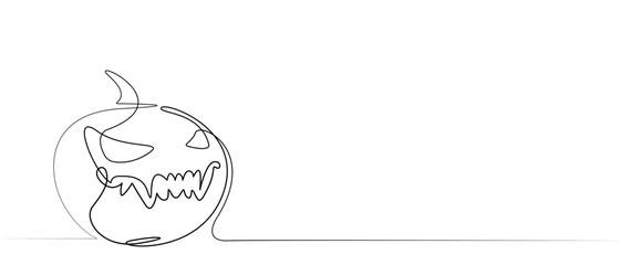 Halloween pumpkin drawing in one line on a white background. Stylization of a pumpkin with a scary face