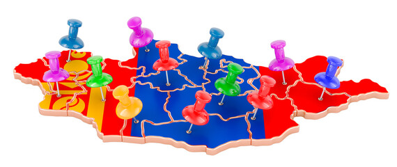 Map of Mongolia with colored push pins, 3D rendering