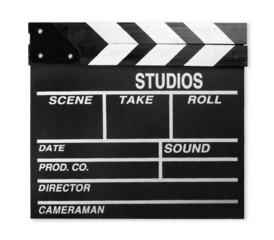 Two hands holding a cinema clap isolated on white