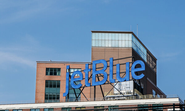 jetBlue advertisement is displayed at the top of a building.