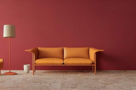 Modern interior in terracotta color with leather sofa, rattan armchairs and flower, 3d render