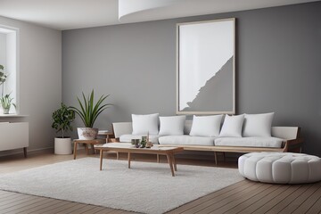 Mock up frame in home interior background, white room with natural wooden furniture, Scandi Boho style, 3d render