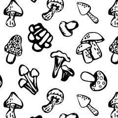 Black and white vector pattern with mushrooms. Seamless autumn food pattern. Suitable for wrapping, textile.