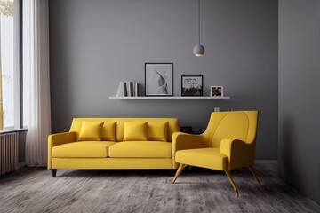 Gray armchair in yellow living room with free space for mockup, 3D rendering