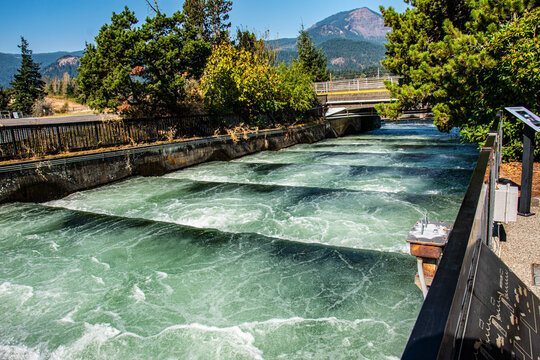 Fish Ladder at the Bonneville Dam, with sea green water. 