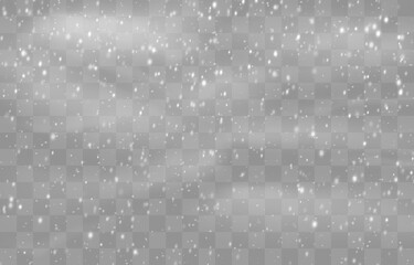 Christmas snow. Falling snowflakes on png background. Vector heavy snowfall. White snowflakes flying in the air. Snow flakes, snow and blizzard. Vector illustration isolated on transparent.