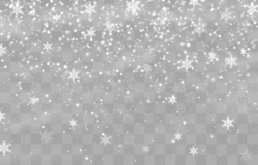 Fotobehang Christmas snow. Falling snowflakes on png background. Vector heavy snowfall. White snowflakes flying in the air. Snow flakes, snow and blizzard. Vector illustration isolated on transparent. © Leonid