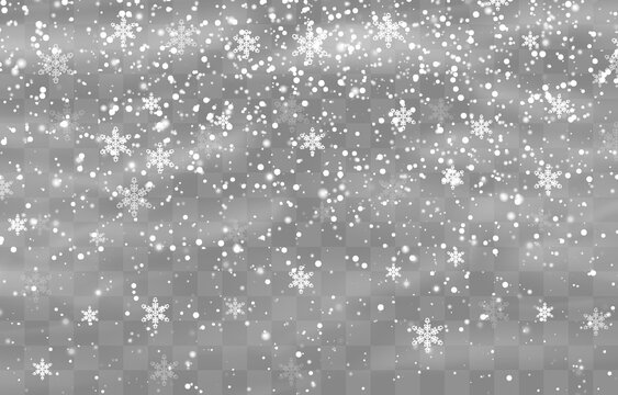 Christmas snow. Falling snowflakes on png background. Vector heavy snowfall. White snowflakes flying in the air. Snow flakes, snow and blizzard. Vector illustration isolated on transparent.