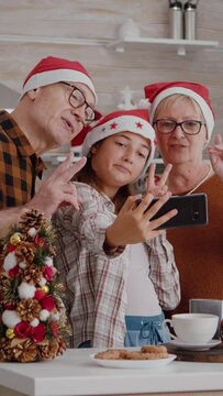 vertical video: Granddaughter taking selfie using smarphone with grandparents during christmas holiday celebration in decorated kitchen. Family wearing santa hat enjoying spending time together