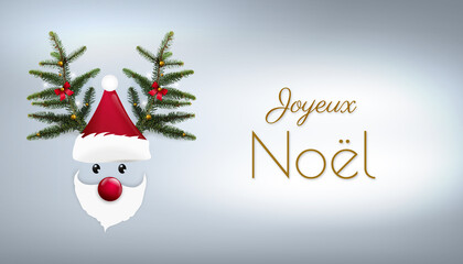 Fototapeta na wymiar Père Noël avec branches de sapin, concept joyeux noël, carte de fêtes de noël avec décorations