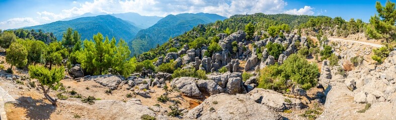 View of rock in mountains in canyon. Spectacular natural panoramic landscape with canyon cliffs and...