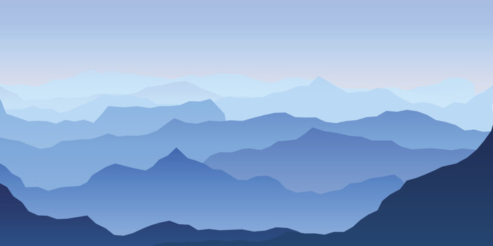 Blue mountains  illustration. Fog mountains flat design vector 